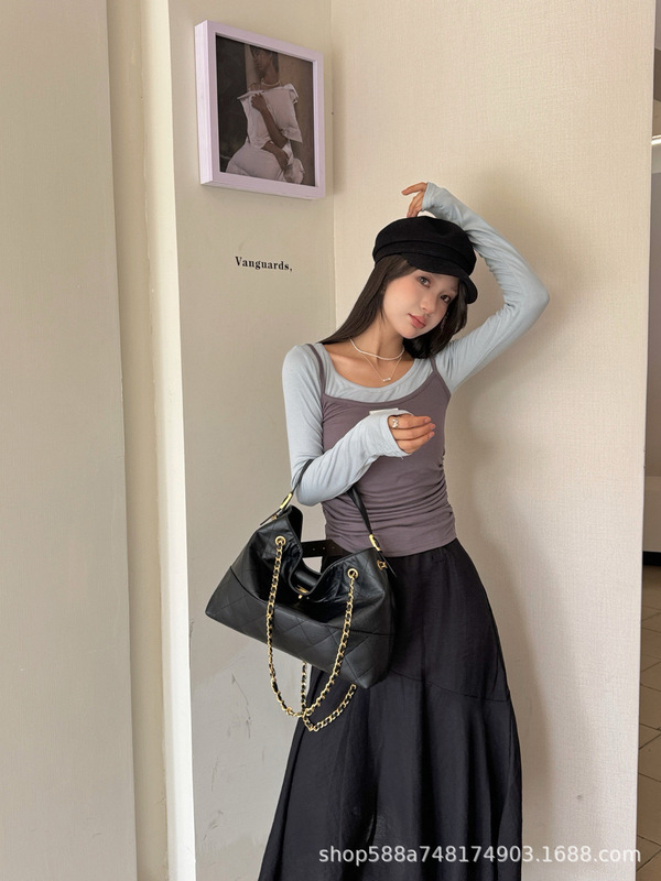 小香风磨砂麂皮链条包小托特包女真皮小众中古腋下包水桶包手拎包|undefined