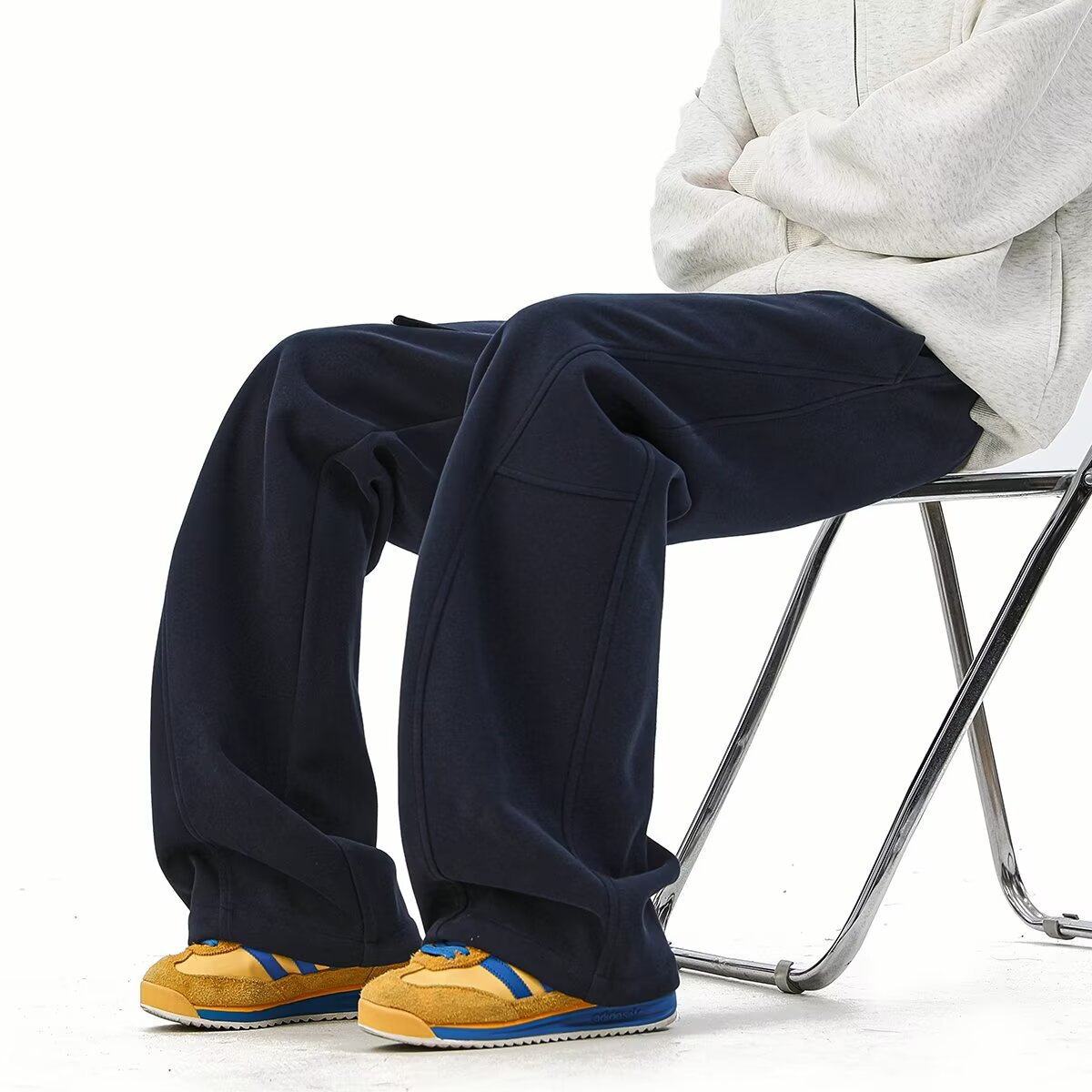 American-Style Heavy Deconstructed Scimitar Casual Pants for Men, Spring and Autumn Season, Drapey Wide-Leg Sports Solid Color Loose Straight Sweatpants