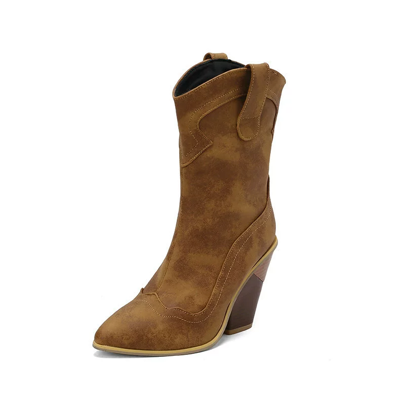 Denim boots pointy toe high heels, mid-length