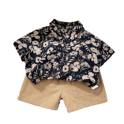 Children's summer new floral suit short-sleeved printed retro shirt boy's summer cardigan fashionable shorts two pieces