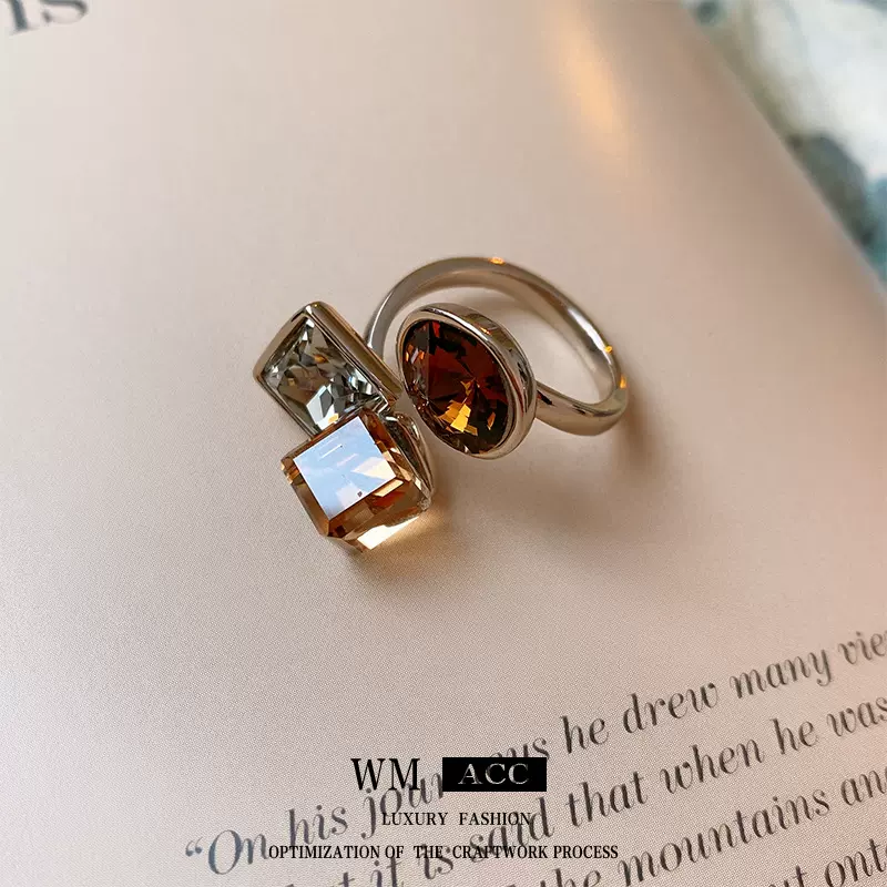 真金电镀锆石方块圆圈开口戒指 高级感小众气质指环 2024新款戒指