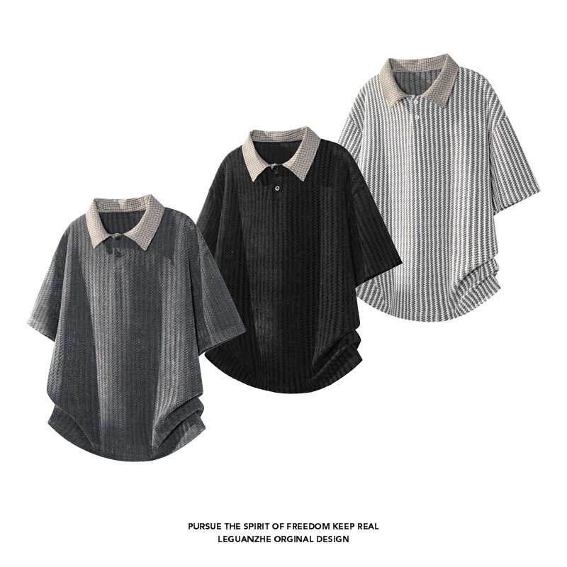 Fishbone Pattern Henry Collar Short-Sleeved T-Shirt for Men, Spring and Summer High-End Trendy Brand Loose Polo Collar Base Shirt Casual Half-Sleeve