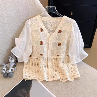 夏季年轻镂空短袖钩花针织设计度假甜美韩系小香风穿搭韩系小众女