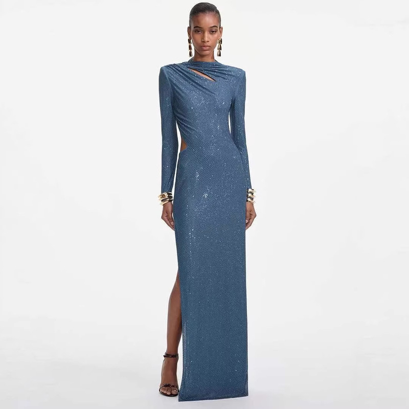 Foreign Trade European and American High-End Women's Clothing Amazon High-Neck Slim-Fit Backless Mesh Rhinestone Cocktail Evening Dress Celebrity Long Dress