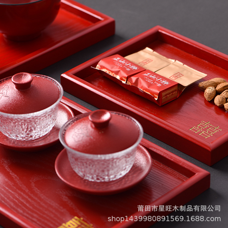 Estilo chino de madera placa roja boda tostadas Elder bandeja de té fruta seca caramelo bandeja de madera suministros de boda descuento