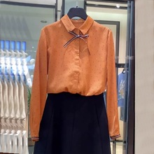 撤柜外贸品正2024秋季休闲Polo领系带长袖波点印花雪纺衬衫女上衣