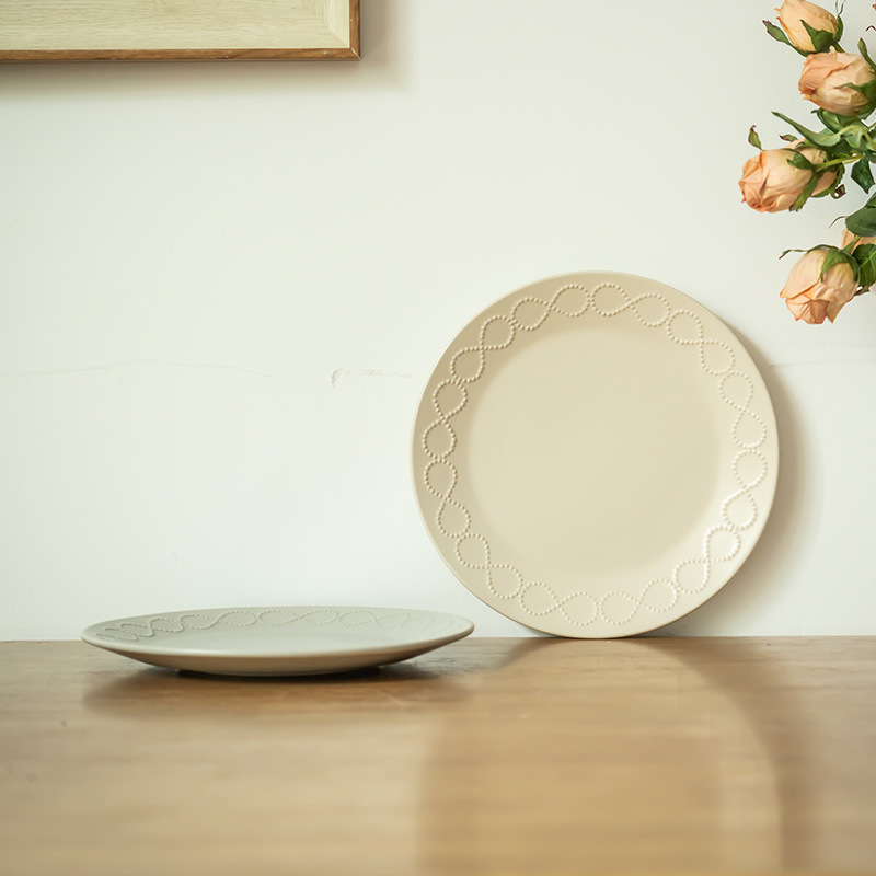 Plato de cerámica simple de bobina de perlas, plato de carne, plato de pasta, plato de desayuno, plato de curación casera