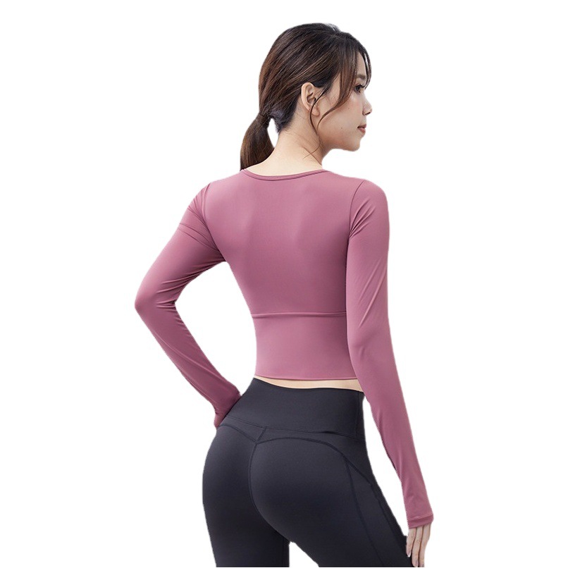 Ropa de Yoga de manga larga para mujer corta slim fit adelgazamiento correr deportes Top ropa de entrenamiento profesional de secado rápido con almohadilla para el pecho