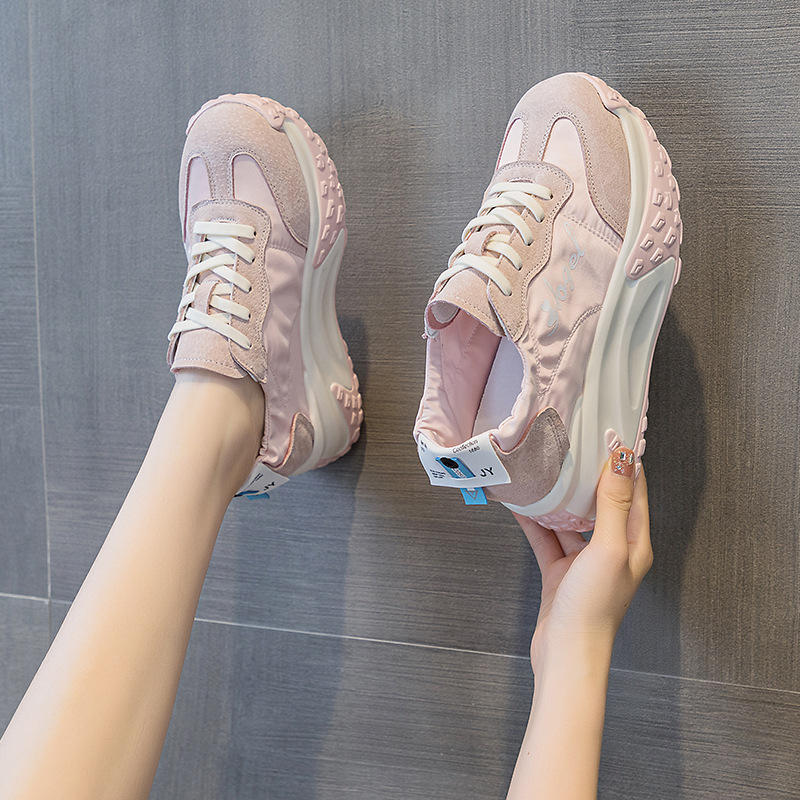 Giày sneaker chunky đế dày nữ mũi tròn tăng chiều cao mùa hè 2025 — M2376 màu vàng, M2376 màu be, M2376 màu xanh lam, M2376 màu hồng