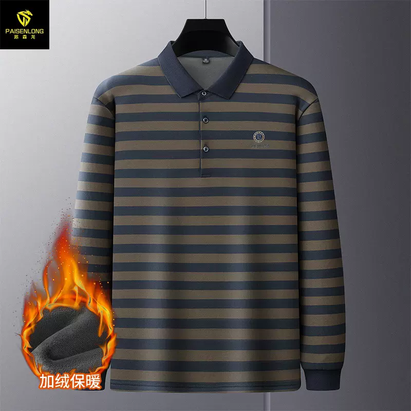 派森龙男装秋季同款长袖T商务休闲中年条纹加绒polo衫爸爸装加厚