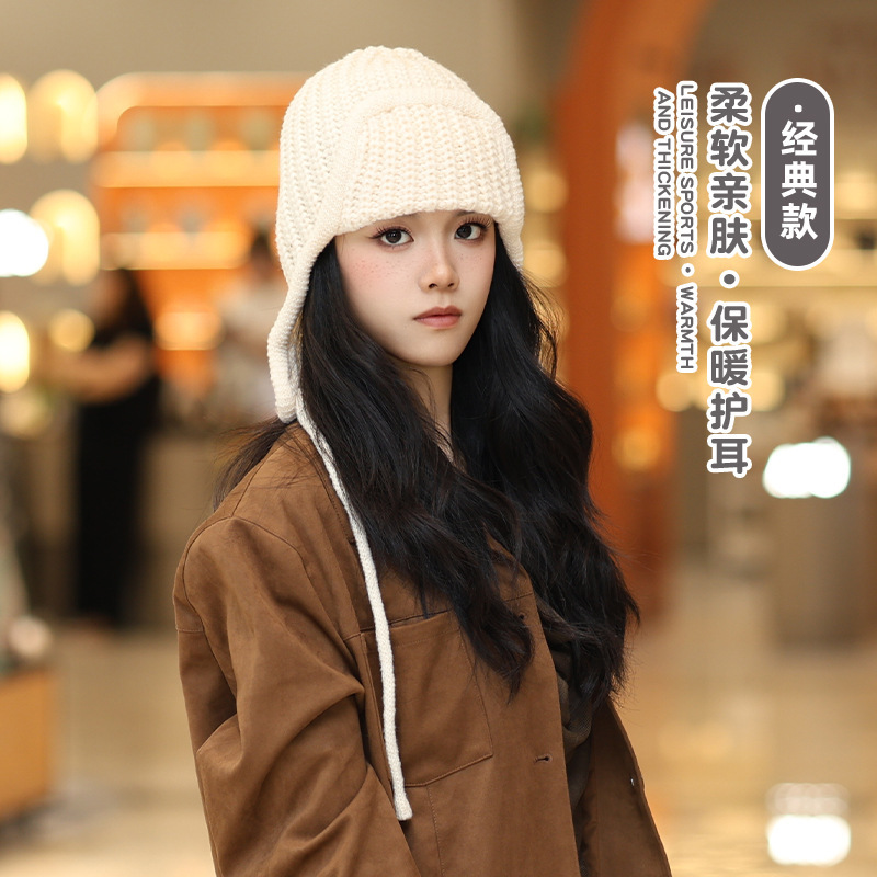 韩版跨境纯色系绳针织飞行帽女秋冬学生显脸小护耳保暖雷锋毛线帽|undefined