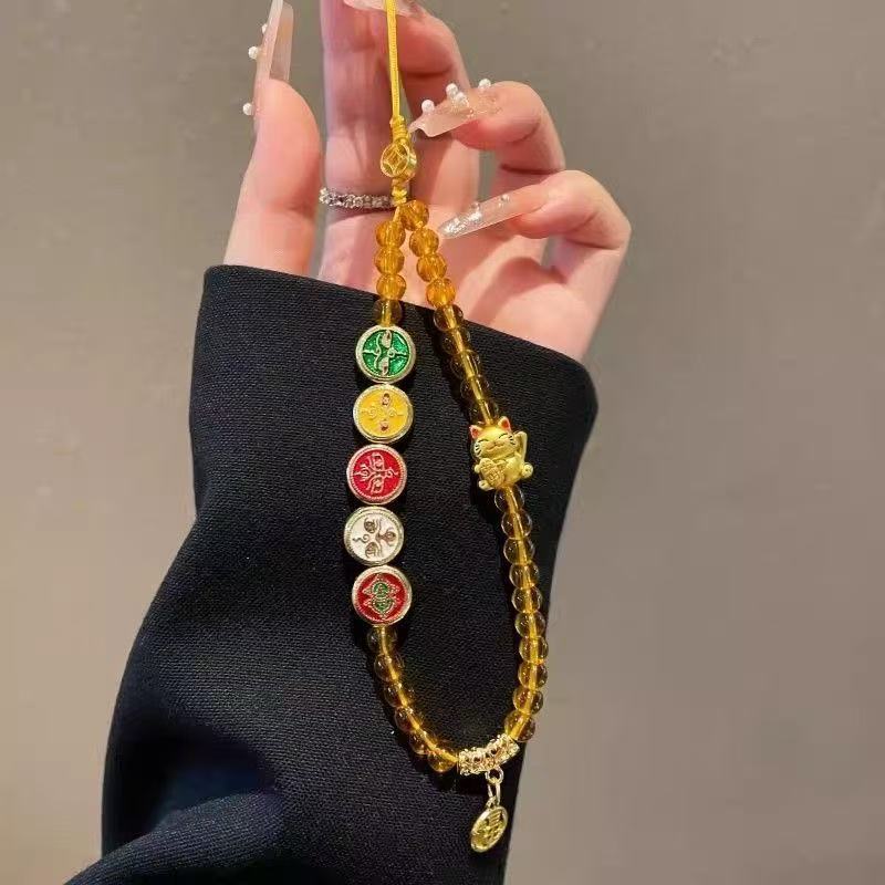 中国风招财猫五路财神手机链挂手腕手提结实超闪挂链挂绳2025新款