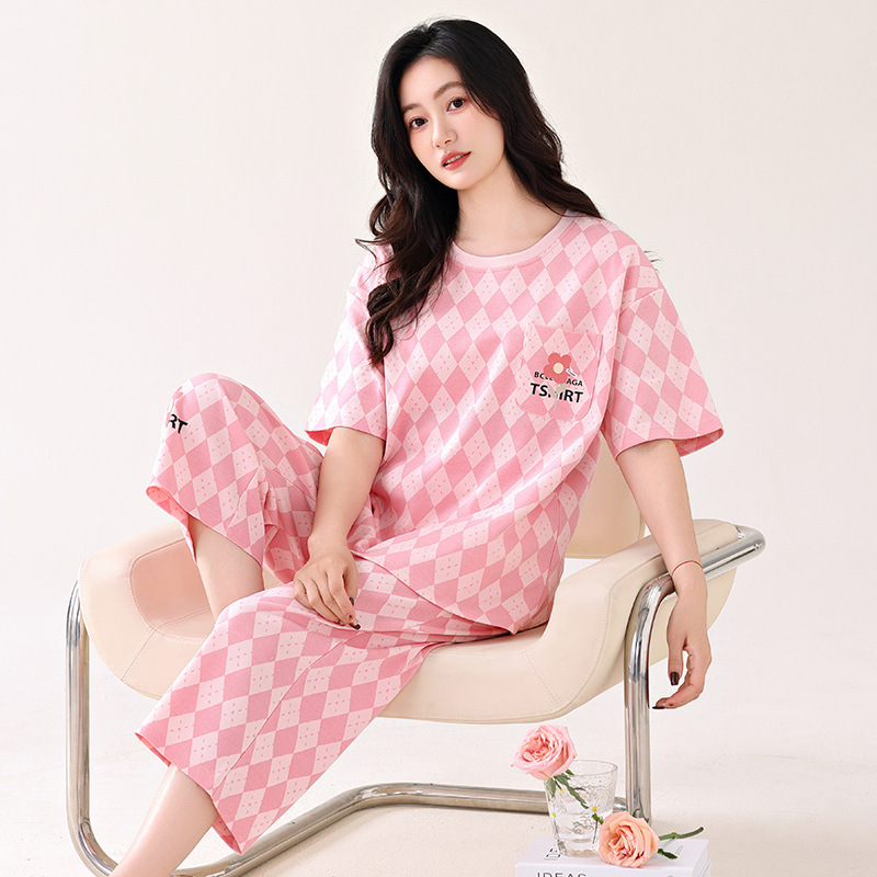Summer Thin Pajamas for Women, Pure Cotton, 2026 New Model, 100% Cotton Short-Sleeve and Three-Quarter Pants Home Wear Set, Can Be Worn Outside