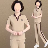 Летний модный костюм для мамы, летняя спортивная одежда для среднего и пожилого возраста, комплект из двух предметов, женский летний костюм больших размеров с короткими рукавами
