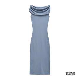 批发货源外贸2024冬季新款欧美风女装纯色优雅显瘦露肩平针连衣裙