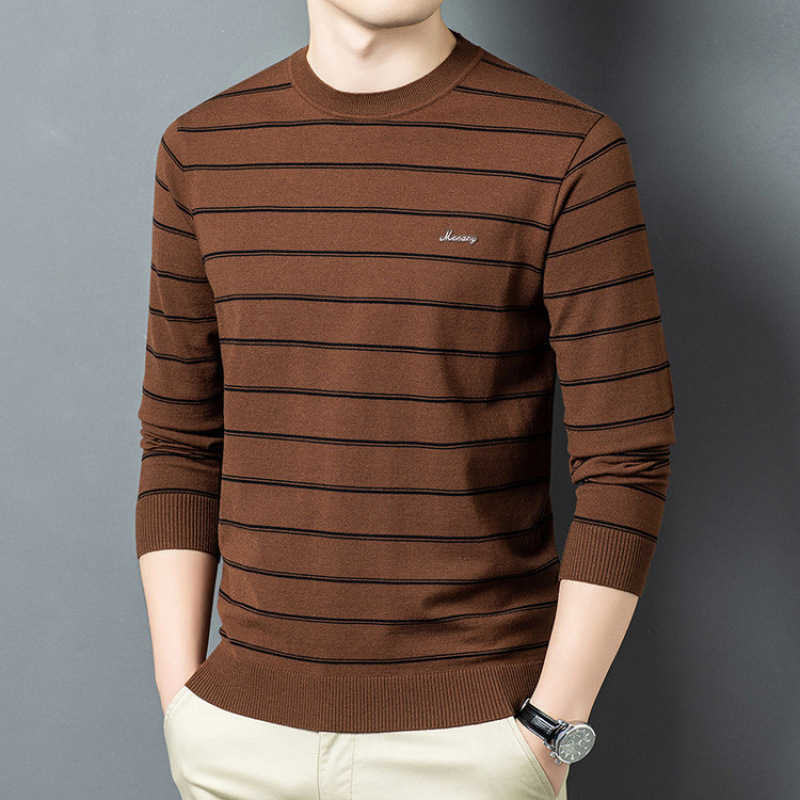 Cross-border Puyuan new autumn striped long-sleeve T-shirt for men, round-neck base shirt, thin style for middle-aged dads Cross-border Puyuan new autumn striped long-sleeve T-shirt for men, round-neck base shirt, thin style for middle-aged dads