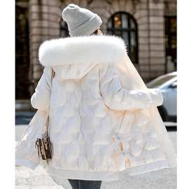 白色设计感大毛领羽绒服女2021冬JIUBAB26洋气韩版宽松白鸭绒外套