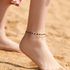 銅鍍18K真金雙層腳鏈黑色亞克力珠回形針鏈條流行足鏈帶延長設計