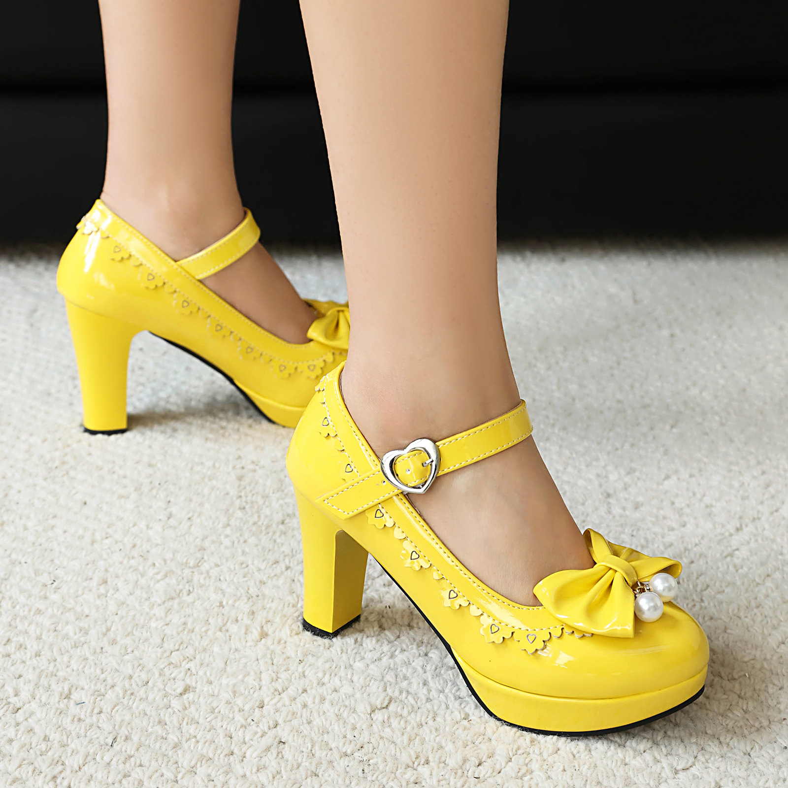 2025春夏新款女鞋玛丽珍粗高跟鞋蝴蝶结花边厚底单鞋40-48外贸鞋