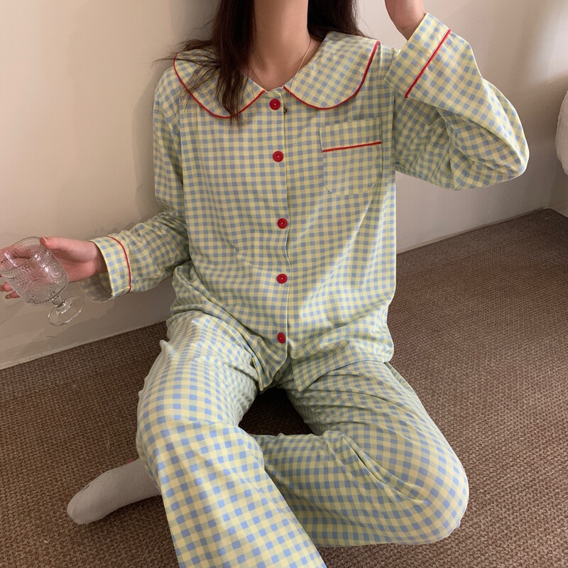 Cross-Border Long-Sleeved Cardigan Pajamas for Women, Spring, Autumn and Summer Casual Thin Student Plaid Doll Collar Home Wear Set