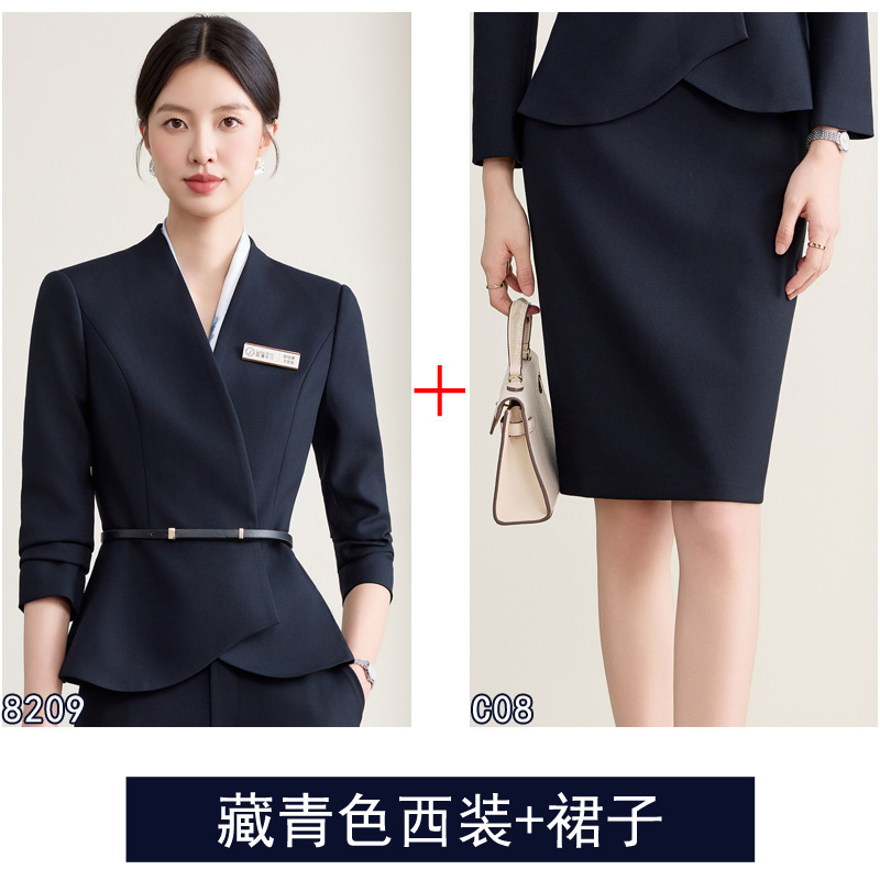Navy blue suit + belt + skirt