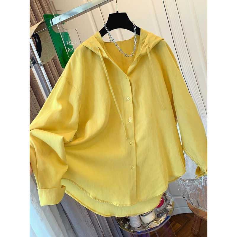 Fashionable and High-End Elegant Yellow Blue Hooded Shirt Sun Protection Shirt Loose Top Women's 2025 Spring and Summer New Style