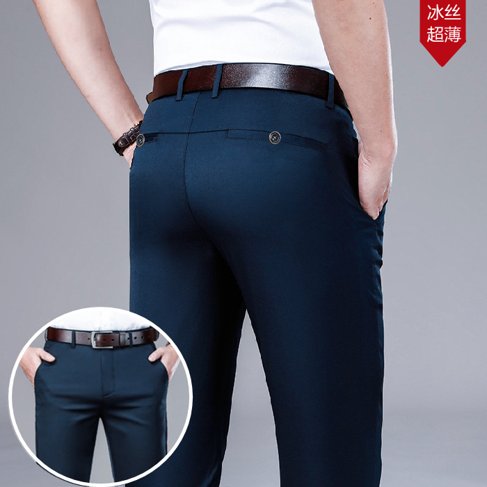Pantalones de traje de seda de hielo de verano Pantalones casuales de los hombres de moda delgada recta ropa formal de negocios pantalones de traje sin planchar hombres