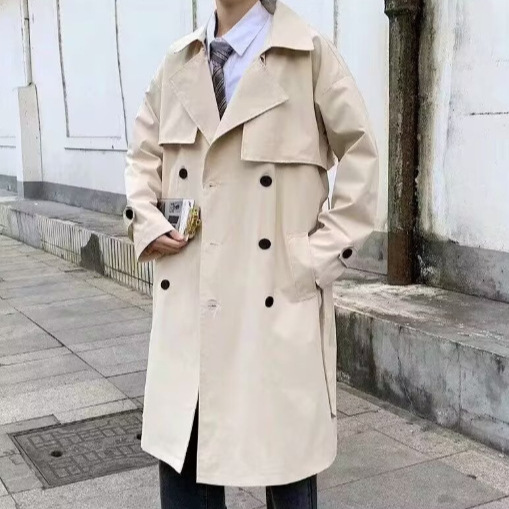 2025 Men's Mid-Length Trench Coat, Korean Style, Trendy, Loose Fit, Handsome, Stylish Overcoat, Plus Size, Double-Breasted Jacket for Autumn and Winter