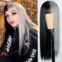 AliExpress Women's Long Straight Hair Air Bangs Dual Color Yin Yang Hairpiece Halloween Cosplay Synthetic Wig Set
