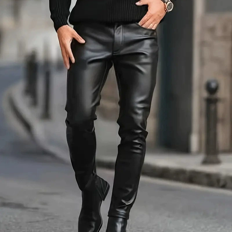 Трансграничные мужские кожаные брюки PU кожаные брюки для езды на открытом воздухе ветрозащитные кожаные брюки сплошной цвет средней талии прямые брюки