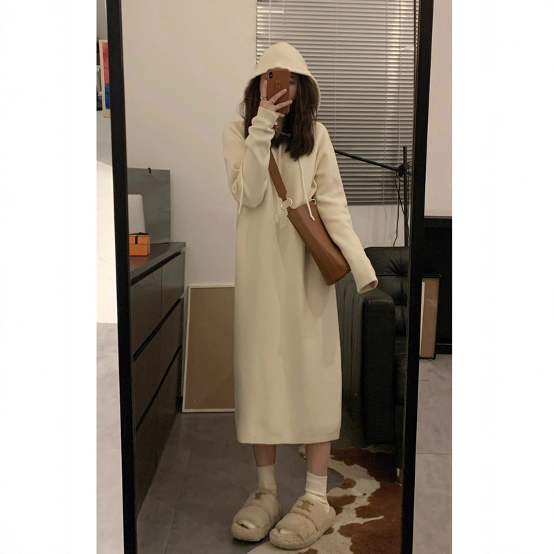 Hooded Knitted Dress with Niche Design, Slimming Autumn and Winter Long Loose Inner Cream Sweater Dress