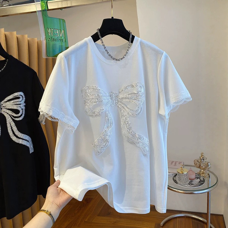 High-End Lace Splicing Sequin Bow Short-Sleeved T-Shirt for Women in Summer, Loose, Simple and Versatile Mid-Length Top