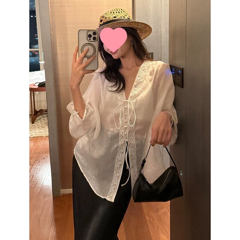 French-Style Small White Tencel Chiffon Shirt Jacket for Women, Summer Sun-Protective Cardigan, Sheer Lace Overlay French-Style Small White Tencel Chiffon Shirt Jacket for Women, Summer Sun-Protective Cardigan, Sheer Lace Overlay