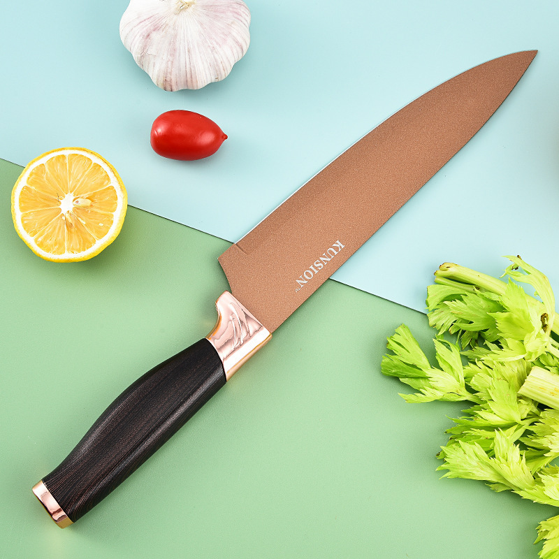 Venta caliente galvanoplastia cabeza traje de cuchillo de fruta traje de cuchillo de acero inoxidable de seis piezas a prueba de herrumbre de titanio afilado cortador de cocina