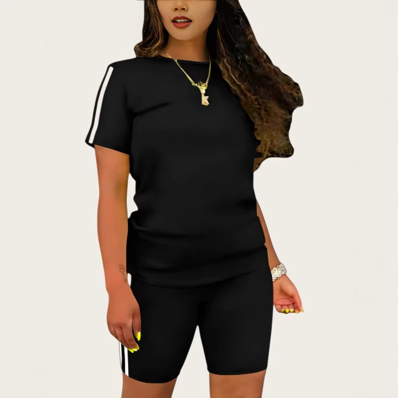Amazon Cross-Border New Southeast Asian Women's Casual Sports Suit Solid Color Short-Sleeved Top and Shorts Two-Piece Set