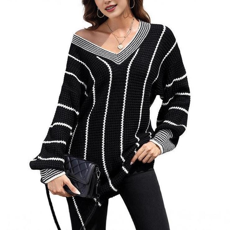 European and American Autumn and Winter New Casual Loose Striped Sweater Women's Independent Station Cross-Border Retro V Neck Knitwear Top European and American Autumn and Winter New Casual Loose Striped Sweater Women's Independent Station Cross-Border Retro V Neck Knitwear Top
