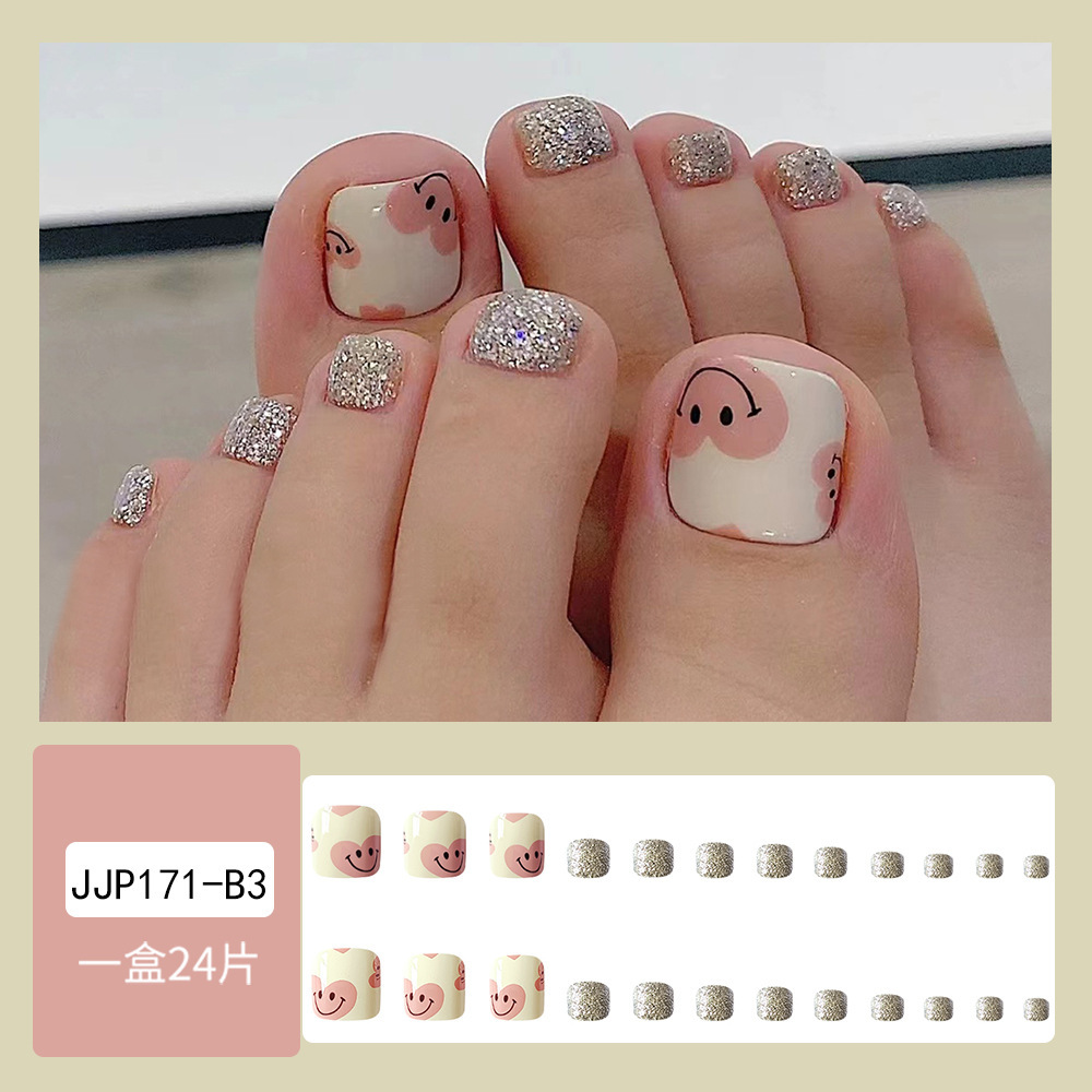 Comercio exterior lindo, sonriente, polvo brillante de manicuras, dulce y lindo, viento de uso de uñas de pie, 24 piezas de parche de uñas de los dedos de los pies.