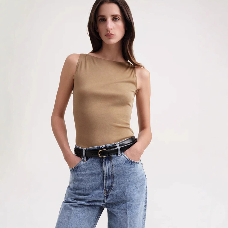 European and American Style Tt Sleeveless Waistcoat Vest for Women Slimming Look Elastic Bottoming Outer Wear Boat Collar Top Summer New Style