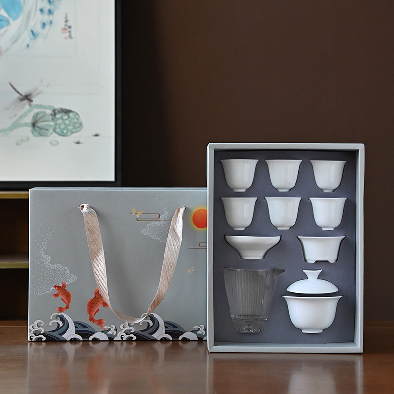 Dehua White Porcelain Suede Jade Set Kung Fu Tea Set Cover Bowl Gift Box suit Company Gift Customization Accompanying Ceramics Dehua White Porcelain Suede Jade Set Kung Fu Tea Set Cover Bowl Gift Box suit Company Gift Customization Accompanying Ceramics