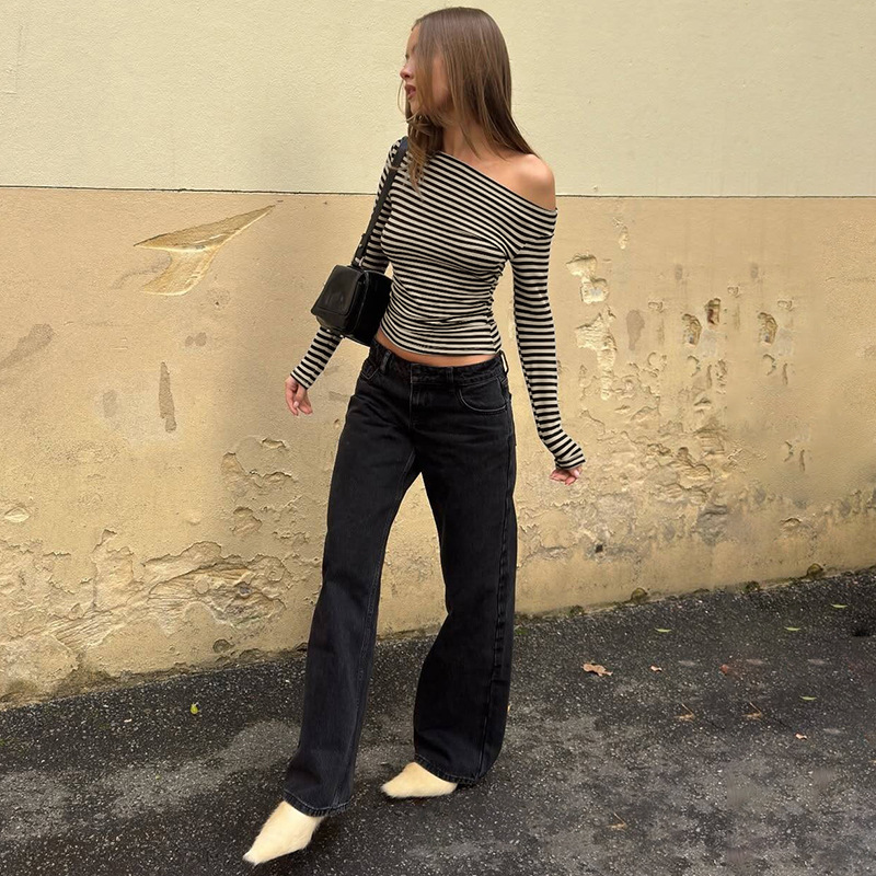 Damen Langarm T-shirt Mit Quadratischem Ausschnitt Rippstrick Top_voghion.com