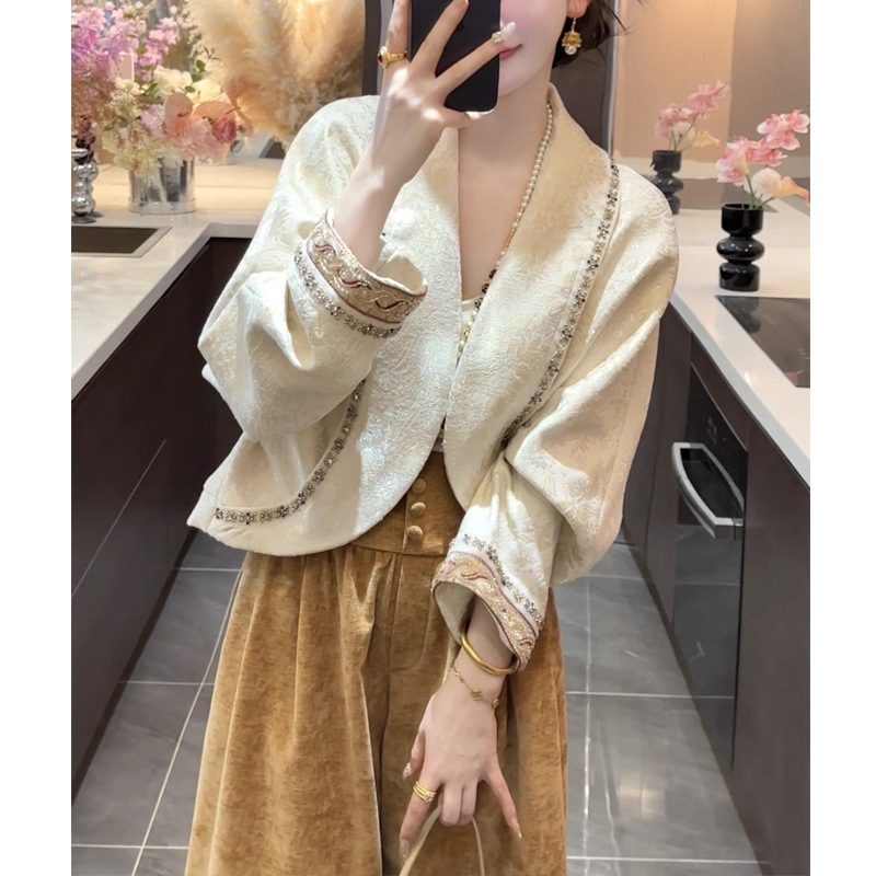 【星辰】秋季新款中式设计款茧型提花刺绣外套高腰丝绒直筒休闲裤|undefined