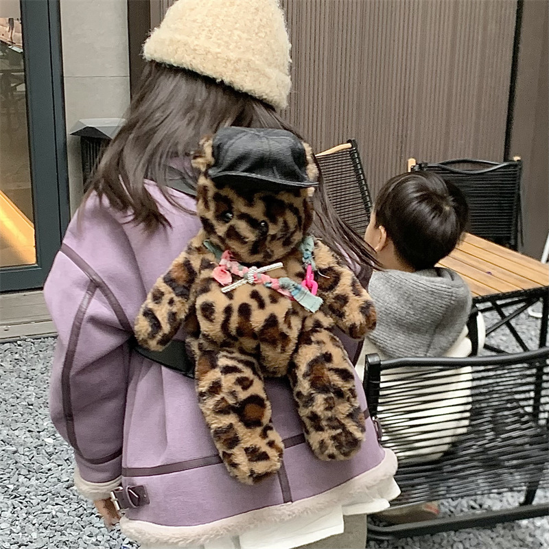 2025 otoño y invierno bolsas de peluche para niños de moda coreana estampado leopardo mochila para niños y niñas adorable oso pequeño mochila