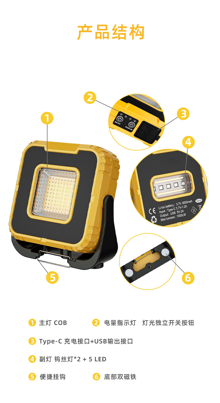 Outdoor Lighting Repair Camping Multi-Functional Campsite Dual Light Cob Work Led Rechargeable Magnetic Hook Work Light