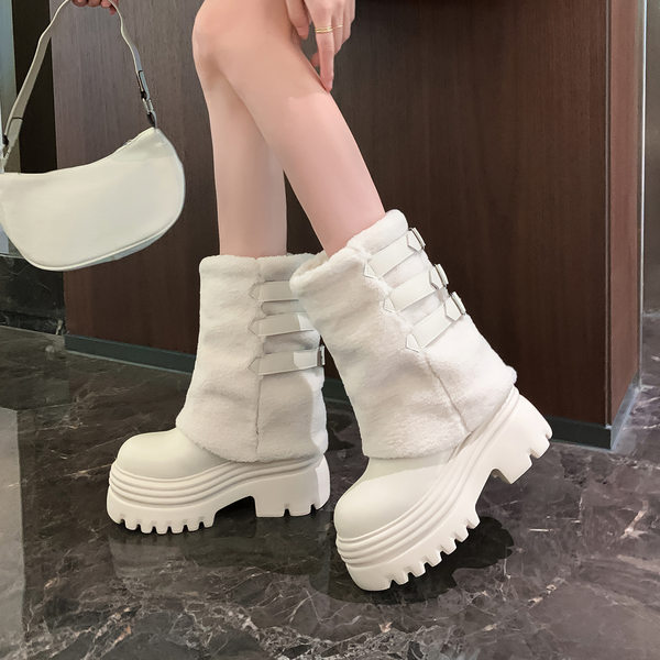 Giày boot nữ cổ thấp đế dày lông ấm khóa thắt lưng — Trắng nhạt 15CM