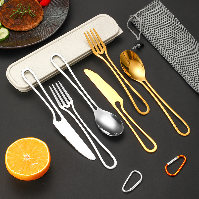 Transfronterizo nuevo cuchillo de acero inoxidable 410, tenedor y cuchara de tres piezas de viaje al aire libre camping portátil vajilla traje vajilla occidental