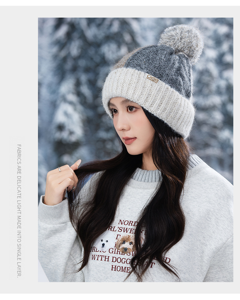 Fashion Versatile Color Block Pom Knitted Autumn Winter Outdoor Fleece Lined Thickened Warm Artistic Retro Pullover Hat_voghion.com