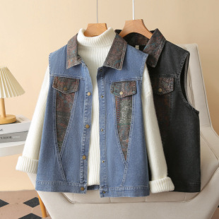 plus size Denim vest color matching women's niche fashion 2024 autumn lapel vest fat sister 200kg vest 8275