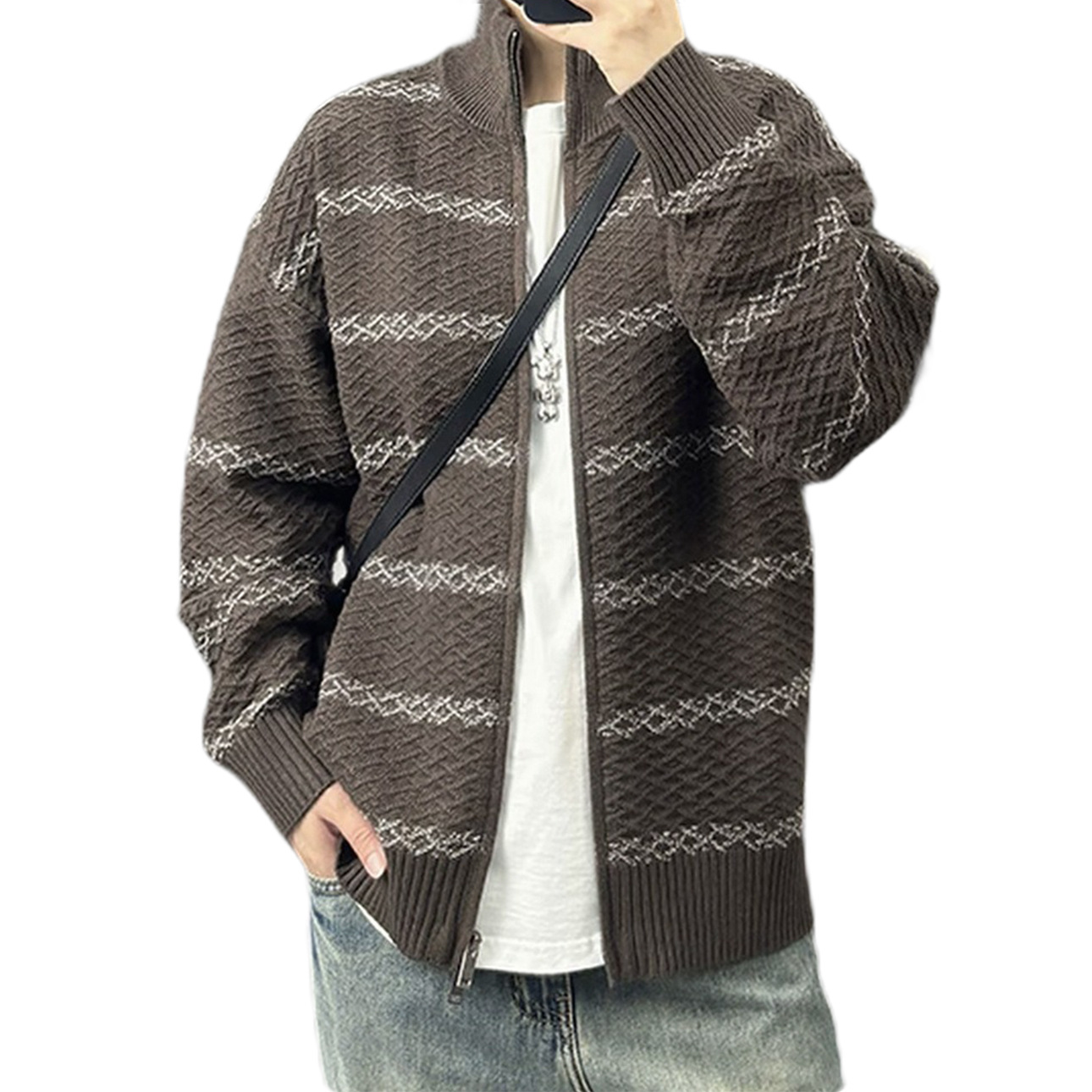 Explosiones transfronterizas de tamaño europeo de tamaño grande contraste a rayas cardigan jersey suéter texturas de mujer abrigo de cuello al por mayor fábrica