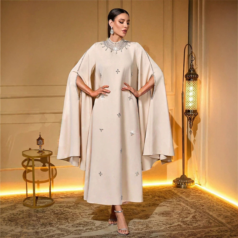 KY2369 Women's Elegant Long Dress with Small Stand Collar, Solid Color, Beaded Details, Extra-Long Slit Sleeves, Suitable for Various Occasions and Banquets KY2369 Women's Elegant Long Dress with Small Stand Collar, Solid Color, Beaded Details, Extra-Long Slit Sleeves, Suitable for Various Occasions and Banquets