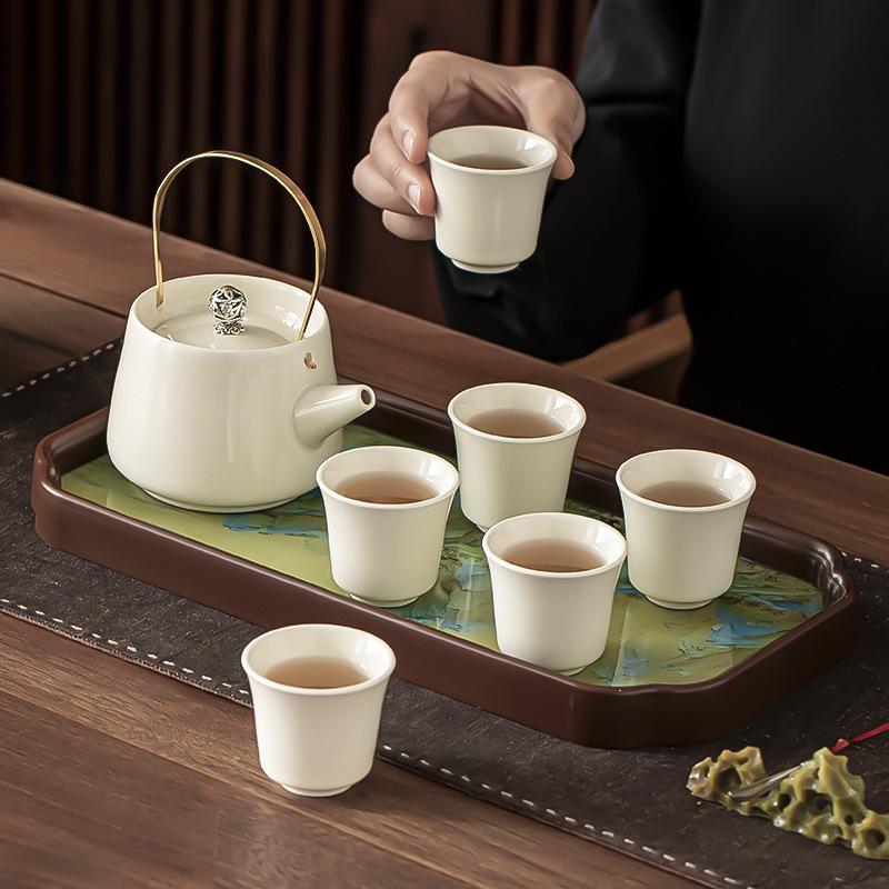 Teapot Kung Fu Tea Set Household Ceramic Teapot Tea Cup Complete Set Accessible Luxury High-End Tea Making Set Glass Tray